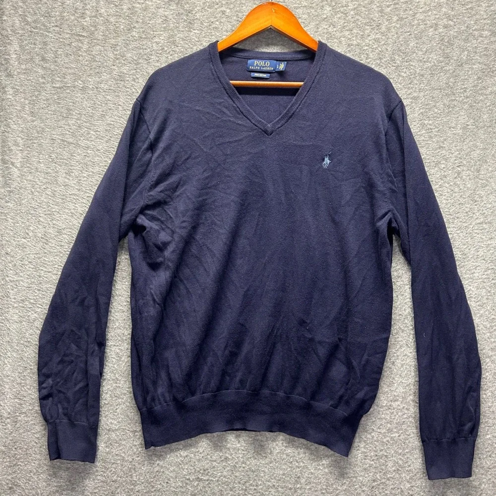 Polo Ralph Lauren Men L Navy Blue Pima Cotton V-Neck Pullover‎ Sweater Logo L/S